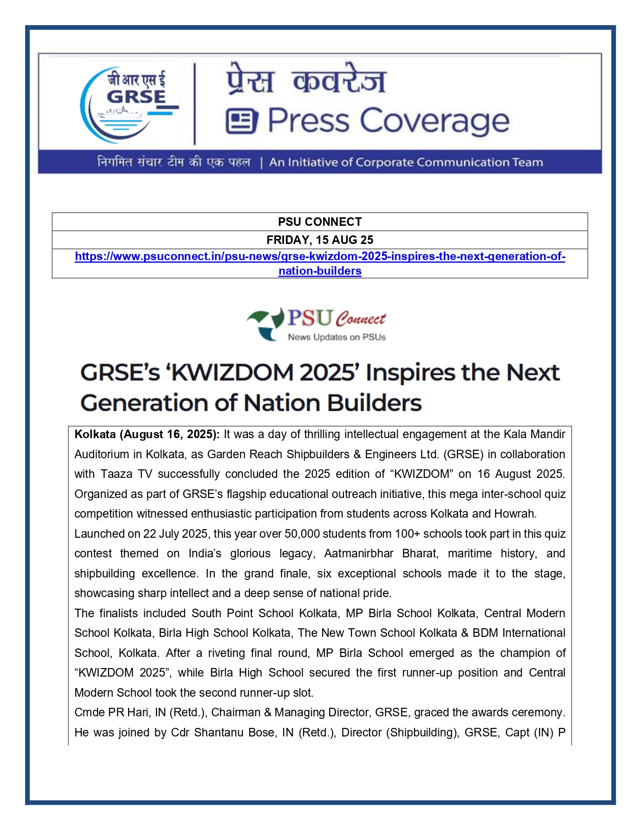 Press Coverage : 15 Aug 25:GRSE delivers survey vessel Ikshak to Navy